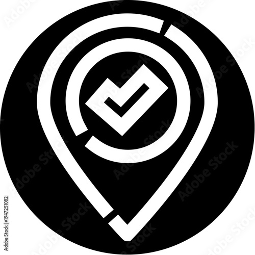 Verified location pin icon features a checkmark symbol inside, representing a confirmed or correct geographical point, ideal for navigation and digital mapping concepts