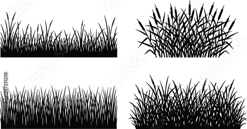 Collection of four grass and reed silhouettes, vector illustration of sparse, dense, bushy grass clusters with varied styles, flat vector illustration