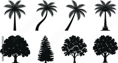 Collection of eight tree silhouettes, vector illustration of palm, conifer, deciduous trees with diverse foliage and trunk styles, flat vector illustration