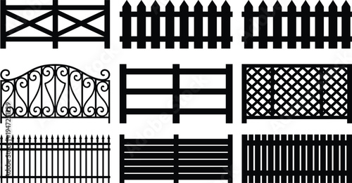 Collection of nine fence silhouettes, vector illustration of wooden, metal, lattice, picket, wrought iron fences with decorative designs, flat vector illustration