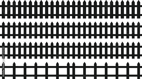 Collection of nine fence silhouettes, vector illustration of picket, slat, panel fences with varied decorative designs, flat vector illustration