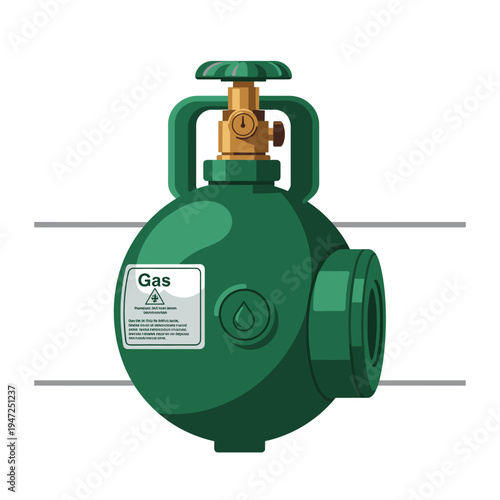 A green gas cylinder with a valve on top, mounted horizontally on two parallel pipes.