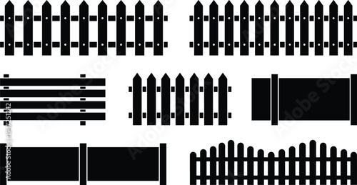 Collection of nine fence silhouette icons, vector illustration of picket, slat, panel fences with varied designs, flat vector illustration