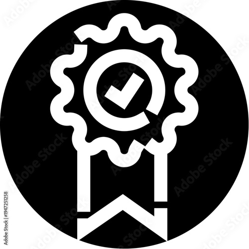Badge icon with checkmark inside circular seal and ribbon below, representing certified quality, verified approval, top tier standard, trusted achievement, warranty and excellence