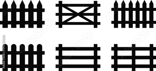 Collection of six fence silhouettes, vector illustration of picket, slat, crisscross, grid fences with varied designs, flat vector illustration