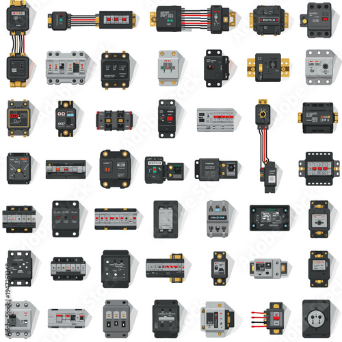 A comprehensive collection of various electrical circuit breakers, switches, and industrial control components arranged in a grid pattern on a white background.