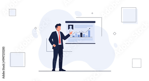 Businessman presenting financial report with charts on a screen, modern flat design
