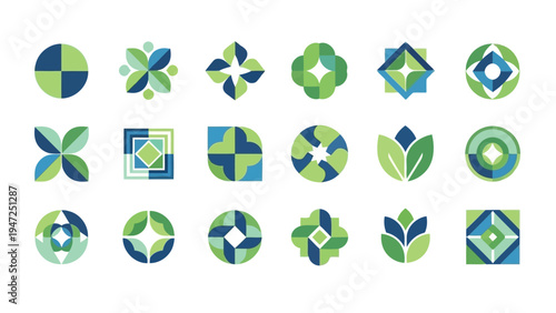 Creative collection of geometric icons featuring circular patterns and shapes with color variations Vector