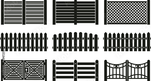 Collection of twelve black fence and gate silhouettes, vector illustration of picket, lattice, slat fences, decorative gates, flat vector illustration