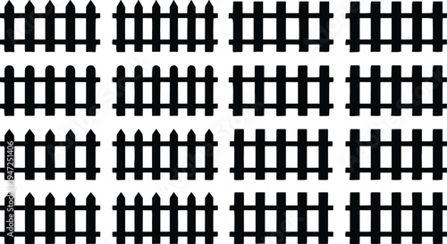 Fence silhouette illustration set, diverse picket designs with pointed, rounded and flat tops representing garden architecture theme - flat vector illustration