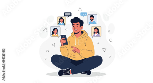 Young man using smartphone, connecting with friends online, social media communication concept