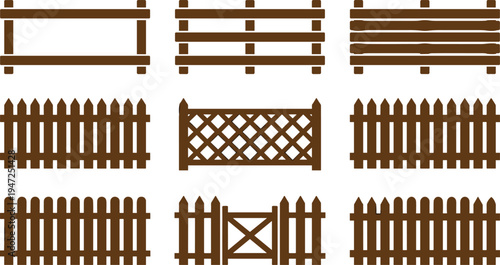Fence silhouette illustration set, diverse wooden designs including horizontal planks, lattice and picket gates representing outdoor architecture theme - flat vector illustration