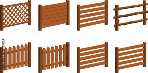 Fence silhouette illustration set, diverse wooden designs including lattice, picket, rustic and horizontal slats representing outdoor architecture theme - flat vector illustration