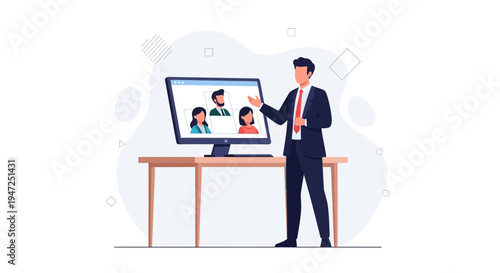 Businessman leading online meeting with diverse team on computer screen