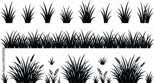 Grass silhouette illustration set, diverse clumps and patches with blades, seed heads and foliage representing landscape theme - flat vector illustration