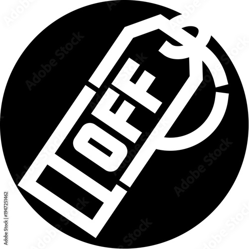 Black and white circular graphic featuring a price tag with the word off clearly visible, symbolizing sales, promotions, and special offers for commerce and advertising
