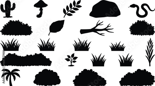 Nature element silhouette illustration set, diverse plants, cactus, mushroom, snake and grass icons representing environment theme - flat vector illustration