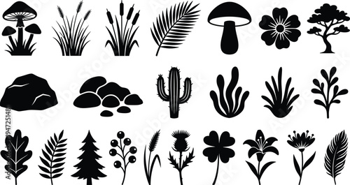 Nature silhouette illustration set, diverse icons including mushrooms, cactus, rocks, grasses, leaves and flowers representing environment theme - flat vector illustration