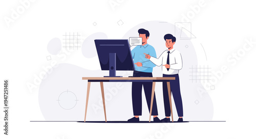Two businessmen discussing project on computer screen, modern office workspace, teamwork concept