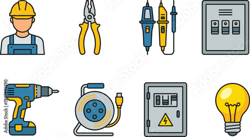 Professional electrician tools and equipment set, electrical work maintenance icons, flat vector illustration collection