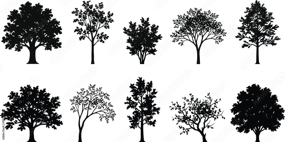 Obraz premium Tree silhouette illustration set, diverse icons including stylized, naturalistic, leafless and dense foliage forms representing forest theme - flat vector illustration