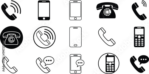 Collection of black and white telephone and smartphone icons mobile communication