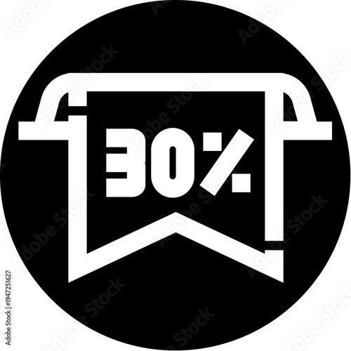 Round black promotion icon featuring a white ribbon banner displaying a 30 percent discount, symbolizing special offers, price reductions, and sale events for commercial advertising
