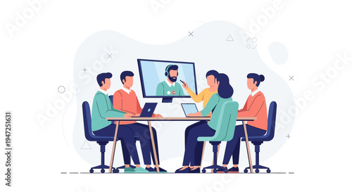 Business meeting with video conference, remote team collaboration, modern office interior