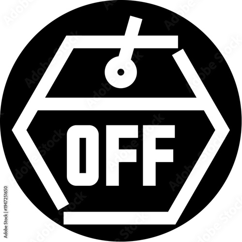 Off switch icon in black circle on white background symbolizing power off, shutdown or disconnect for ui, app and electronics controls, minimalist glyph for digital interfaces