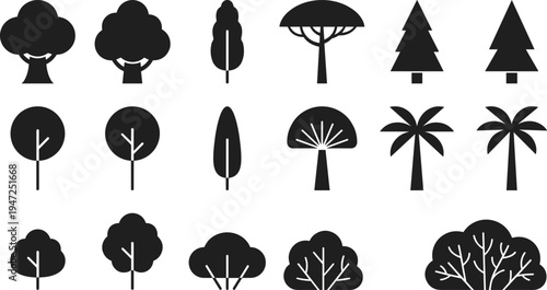 Tree silhouette illustration set, diverse icons including conifers, palms, broadleaf and abstract forms representing forest theme - flat vector illustration