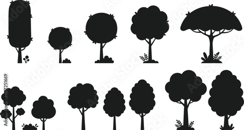 Tree silhouette illustration set, diverse canopy and trunk designs including rounded, narrow and clustered forms representing forest theme - flat vector illustration