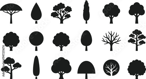 Tree silhouette illustration set, diverse icons including abstract, naturalistic, leafless and full canopy forms representing forest theme - flat vector illustration