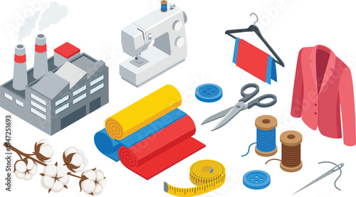 Textile factory and garment manufacturing set, sewing equipment and clothing production vector illustration, isolated