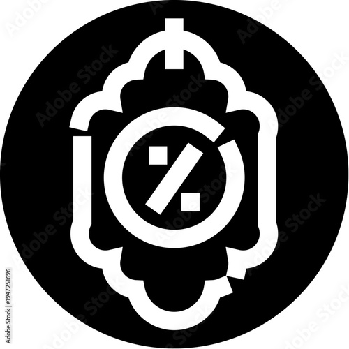 Black and white icon featuring a percentage symbol within a circular shape, enclosed by an ornate, tag like frame, all set against a solid black background