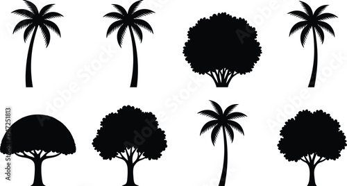 Tree silhouette vector illustration, palm broadleaf icons, nature forest artwork, botanical design style, outdoor landscape scene - flat vector illustration