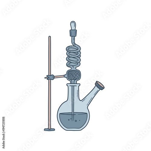 A laboratory setup for distillation, featuring a round-bottom flask with liquid, a condenser coil, and a stand.