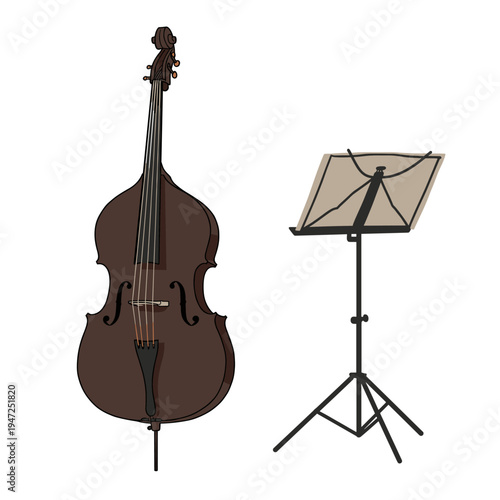 A brown double bass stands next to a black music stand, ready for a musician to play.