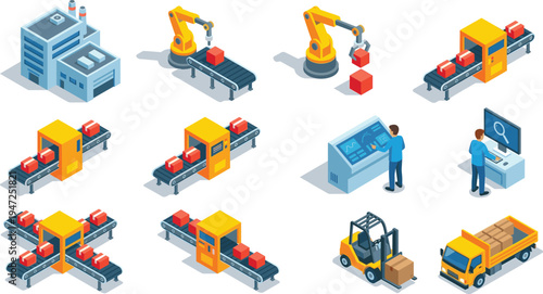 Automated factory production line and logistics warehouse set, industrial robot arm isometric vector illustration, isolated