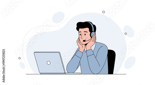 Customer service agent looking stressed at laptop with headset