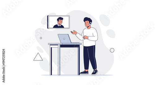 Man in Video Conference with Laptop and Screen, Remote Work Concept