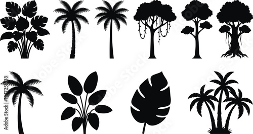 Tropical tree silhouette illustration set, jungle vegetation icons including palms, broadleaf trees and vines representing nature theme - flat vector illustration