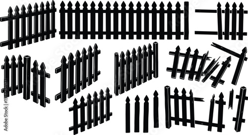 Wooden fence silhouette illustration set, intact and broken picket barriers with rustic outdoor design theme - flat vector illustration