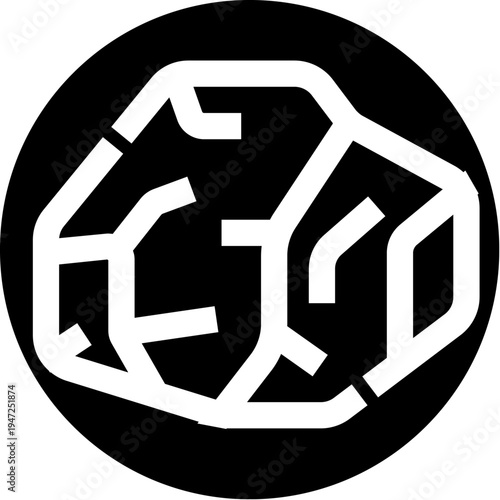 Solid rock glyph forming a natural resource icon on a black circular background, symbolizing geology, mineral deposits, raw stone, carbon and industrial earth textures in simple line style