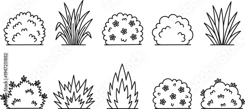 Bush and shrub silhouette illustration set, diverse icons including rounded, jagged and floral foliage representing landscape theme - flat vector illustration