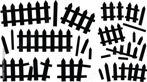 Broken fence silhouette illustration set, damaged wooden planks and fragmented barrier icons representing decay and destruction theme - flat vector illustration