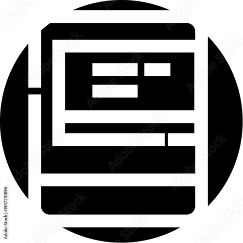 Newspaper icon with text lines and a masthead, symbolizing concepts of journalism, press, headlines, articles, and up to date information within a minimalist black and white circular design