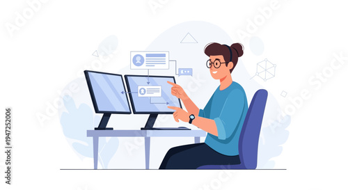 Young man working on computers, customer service, IT support, online communication, modern office