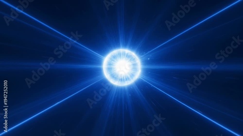 Radiant blue energy sphere emitting powerful beams of light in dark space