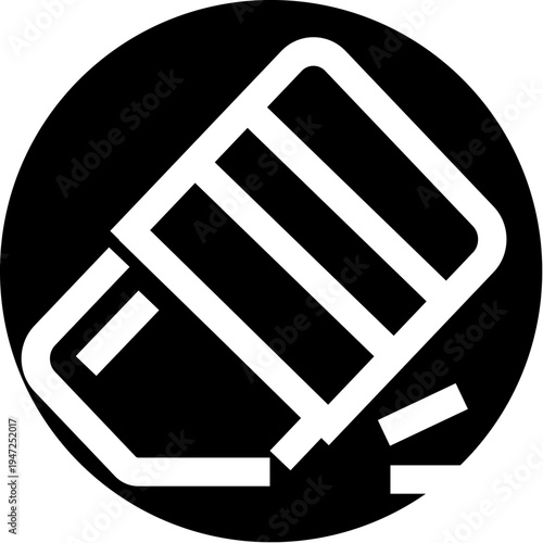 Eraser icon with white lines and fragments, performing a deletion action on a black circular background, symbolizing correction, removal, and cleaning