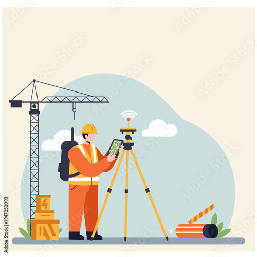 Surveyor using advanced technology on a construction site with a crane and equipment.